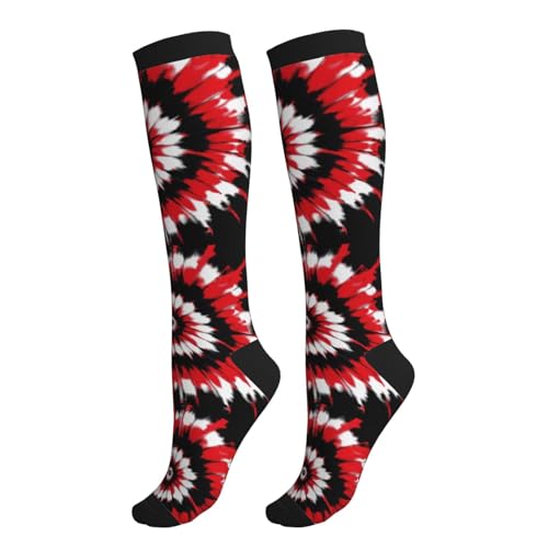 Compression Socks Knee High Circulation Support Socks For Women Men Athletic Running Hiking Travel - color: Red Black Tie Dye