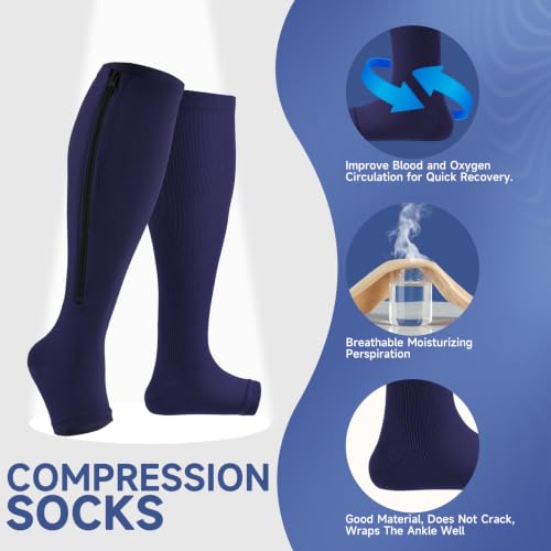 bropite Zipper Compression Socks Women & Men- 2Pairs Calf Knee High 15-20mmHg Open Toe Compression Stocking suit for Walking - color: D-blue-open, size: Large-x-large
