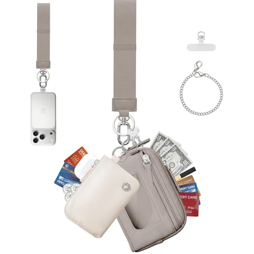 Dual Pouch Wristlet Keychain Wallet for Women, Coin Purse with RFID Blocking, Nylon Phone Wallet & Card Holder - color: Creamy Beige+Warm Taupe