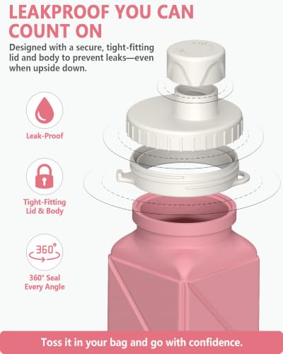 BEAUTAIL Collapsible Water Bottles 21oz/610mL, Silicone Travel Water Bottle - color: Pink