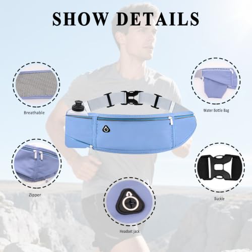 Running Belt with Water Bottle Holder, Large Fanny Pack for Men Women Girls Boys Kids Phone Carry Pouch,Flat Slim Waist Bag Fit Hydration Hiking Runner Walking Workout Gym Sport Travel - color: 03-Blue