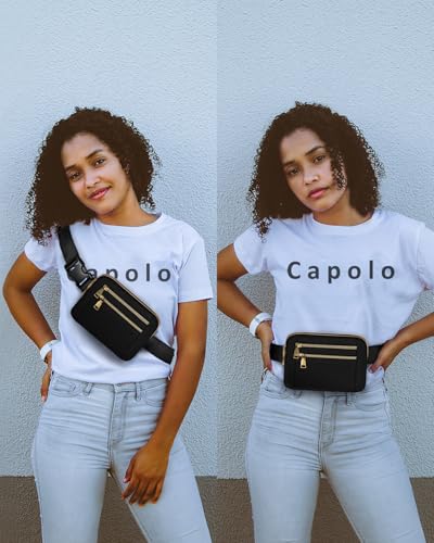 Capolo Fanny Packs for Women 4 Zip Pocket Crossbody Belt Bag Waist Bags - color: Black, size: Medium