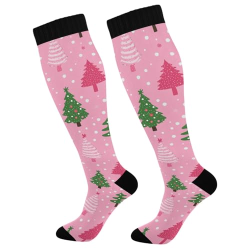Snowflake Red Christmas Compression Sock for Women Men Funny Support Knee High Socks Running,Nurses,Travel - color: Christmas Trees Pink Polka