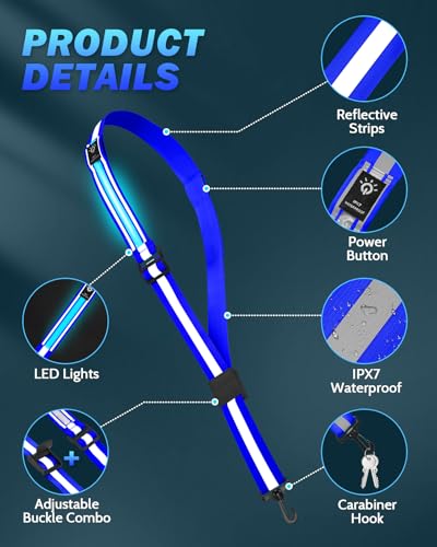 Fitense LED Reflective Belt Sash - 5 Lights Colors & 3 Light Modes High Visibility Night Safety Belt, Rechargeable Light Up Running Gear Adjustable Vest Straps for Runners Walkers Men Women - color: Blue, style: Classic