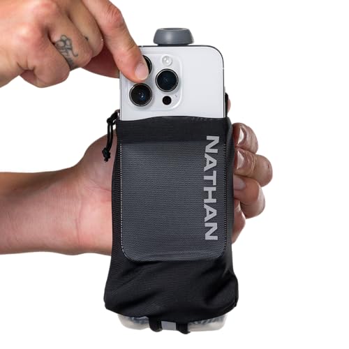 Nathan SpeedDraw 2 Insulated Handheld Running Water Bottle Flask – Double-Wall Insulation, Ergonomic Grip, Blast Valve Cap, Phone & Key Storage Pockets, Reflective Design - 12oz Insulated - Black - color: 12oz Insulated - Black