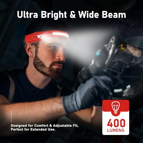 Nessciera Rechargeable LED Headlamp (Red), 400 Lumens, 230° Wide Beam, USB-C, 5 Modes — Lightweight, Adjustable Headband; Hard Hat Clips for Camping, Hiking, Running & Repairs - color: Red