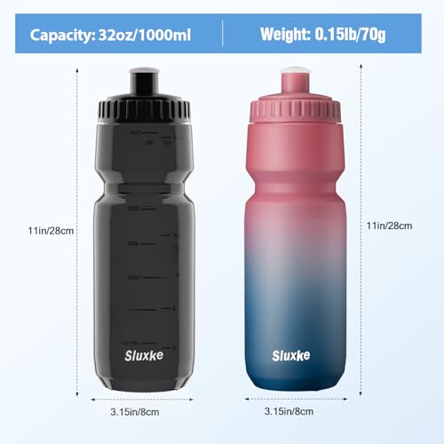 SLUXKE 32oz Bike Water Bottle Squeeze 2Pack, 1000ml Sports Bicycle Water Bottle BPA Free, Lightweight Fits Most Bicycle Bike Cages - color: Red Blue & Black, size: 32 Ounces