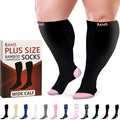 BAMS Plus Size Compression Socks Wide Calf XL XXL XXXL – Graduated Knee-High Support, Viscose from Bamboo Easy-On/Easy-Off - color: Black With Pink, size: XX-Large