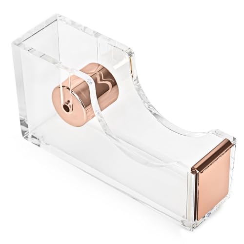 Rose Gold Clear Acrylic Tape Dispenser, Heavy Duty Non-Slip Desk Tape Dispenser with Serrated Stainless Steel Blade, Single Hand Dispensing Tape Holder for Office Home School Gift Wrapping - color: Rose Gold