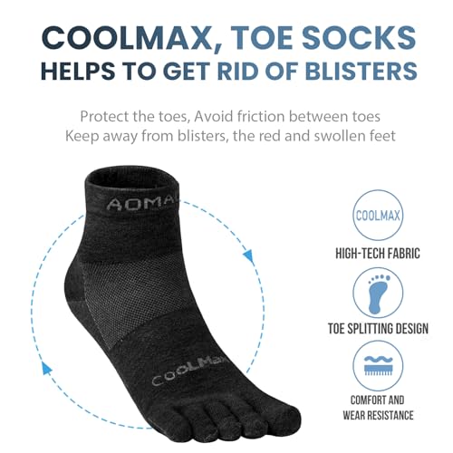 Toe Socks for Men and Women Athletic Running Coolmax Five Finger Ankle/Quarter Socks Breathable Lightweight, 3 Pairs - color: E4109# Black, size: Large
