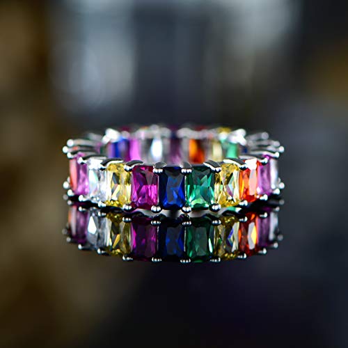 Barzel Eternity Rainbow Ring Wedding Band for Women | 18K Gold Plated Emerald-Cut Rainbow Multi Color Created-Gemstone Eternity Ring - color: Rainbow
