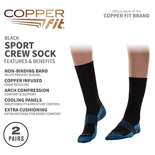 Copper Fit Unisex Crew Length Sport Socks, 2 Pair - color: Black, size: Large-X-Large