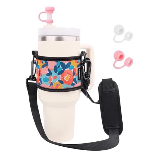 LUCKINEE Tumbler Holder with Strap Water Bottle Strap for Stanley Cup - color: Floral print