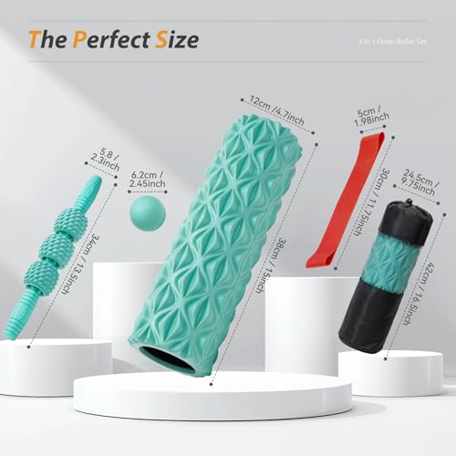 5 in1 Foam Roller Set High Density 15" Foam Roller for Muscle Recovery - color: Pure Turquoise