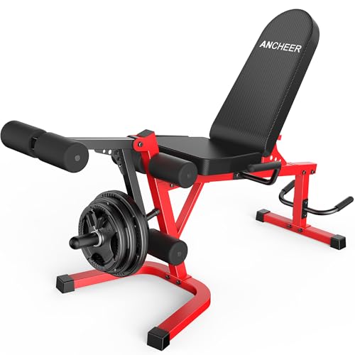 ANCHEER Leg Extension and Curl Machine, Adjustable Leg Workout Machine for Lower Body Training, 880LB Capacity Plate Loaded Leg Developer for Quads, Hamstrings & Glutes, Home Gym Equipment - color: Red