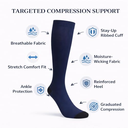Diamond Star 6 Pairs Compression Socks for Men & Women, Knee High Socks - color: 6 Pairs Navy