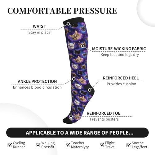 Compression Socks Women Knee High Support Circulation Stockings for Running Cycling Flying - color: Galaxy Cat