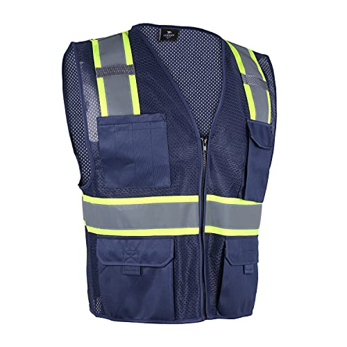 VENDACE Hi Vis Safety Reflective Mesh Vest for Men ANSI Class 2 High Visibility Vest with 8 Pockets and Zipper - color: Blue, size: X-Small