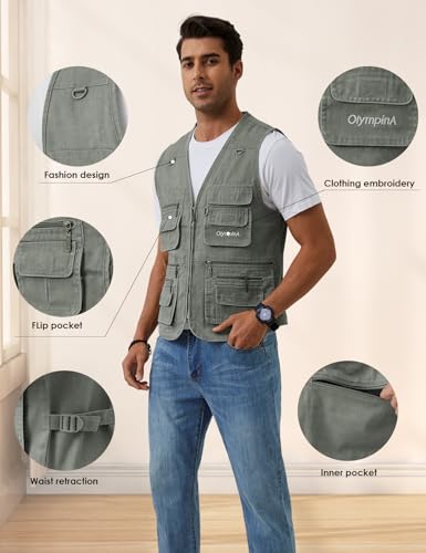 Gihuo Men's Fishing Vest Utility Safari Cargo Fly Vest with Multi Pockets - color: Army Green, size: Small