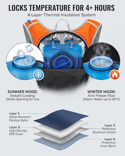 VPBAGE Hydration Backpack with 2L Bladder – Thermal Insulated Water Pack for Hiking, Skiing, Running – Lightweight Daypack for Men & Women, Soft-Lined Sunglasses Pocket & Large Waist Pockets - color: Orange