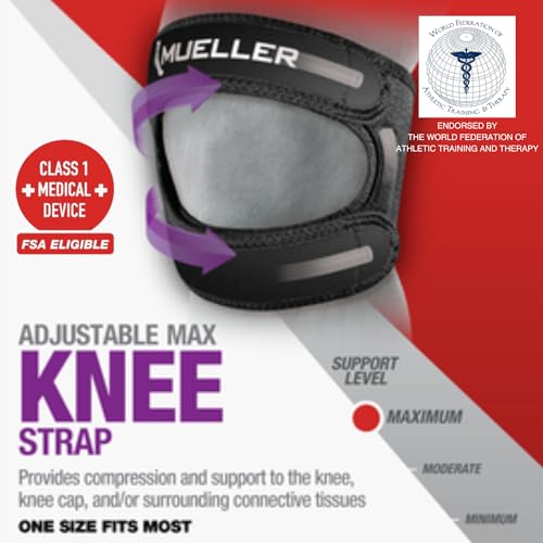MUELLER Sports Medicine Adjustable Max Knee Single Strap for Men and Women, Compression & Pain Relief Support for Osgood-Schlatter's, Runner's Knee, Patellar Tendinitis, Black - size: Large/X-Large