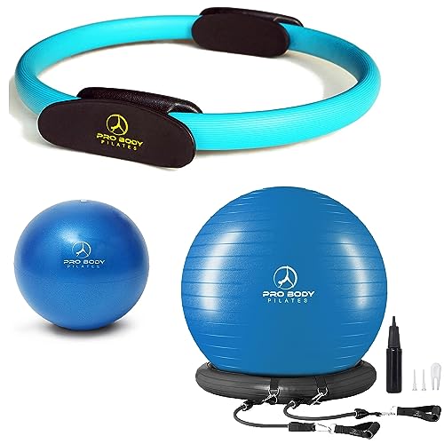 ProBody Pilates 14" Magic Circle, 9" Mini Exercise Ball and a 65 cm Yoga Ball with Base and Bands (3pcs) Bundle for Stability, Barre, Yoga, Core Training and Physical Therapy