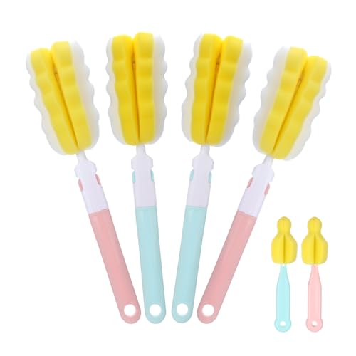 4Pcs Bottle Brush Sponge, Bottle Sponge Brush Cleaner(4Pcs+2Nipple Brushes) - color: Multicolor(4pcs+2 Nipple Brush)