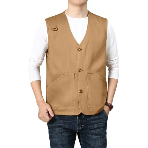PRIJOUHE Mens Casual Cotton Vest Lightweight Outdoor Fishing Utility Vest - color: 03-khaki, size: XX-Large