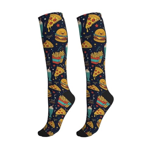 Compression Socks Knee High Support Stockings Women Men - color: Hamburger Pizza Cartoon