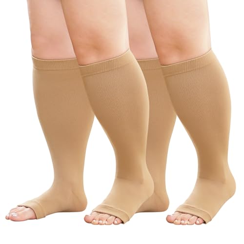 Plus Size Compression Socks: 2 Pairs Wide Calf Compression Toeless Stockings for Men Women - Open Toe 20-30 mmHg - color: Beige-2 Pairs, size: 6X-Large