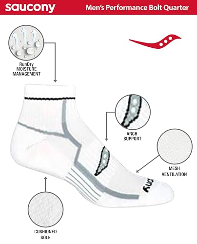 Saucony Men's RunDry Bolt Performance Quarter Socks, Available in L-XL (6, 12 Pairs) - color: White (12 Pairs), size: Large