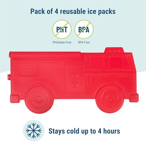 Wildkin Kids Ice Packs (4 Pack) – Slim, Reusable, Keeps Lunch Cool for School/Travel - Fire Truck - color: Fire Truck