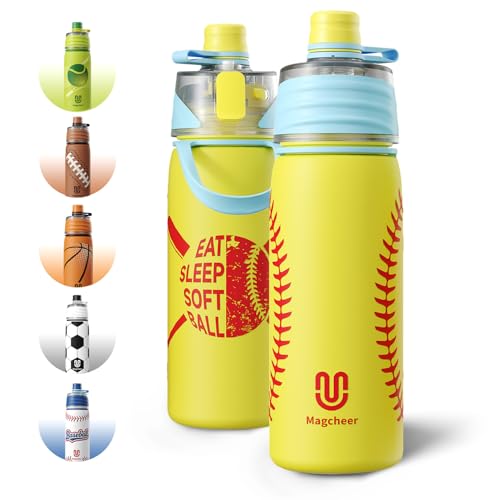 Softball Water Bottle - 20oz Insulated Misting Water Bottles Stainless Steel 3D Textured - Softball Accessories Gift for Kids - color: Softball