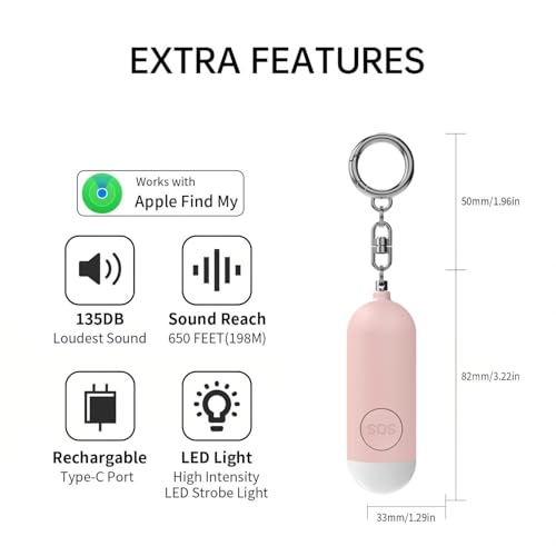 Personal Safety Alarm for Women 130dB Loud Elders & Kids Self Rechargeable Defense Keychain Siren Works with Apple Find My App(find Your Items，iOS only) for Girls Kids Elderly
