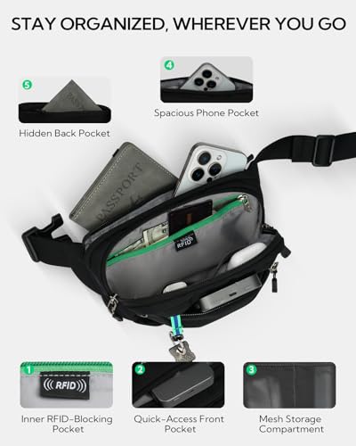 WATERFLY Small RFID Fanny Pack: 1.5L Waist Bag 12" Extender Belt for Hiking - color: Black