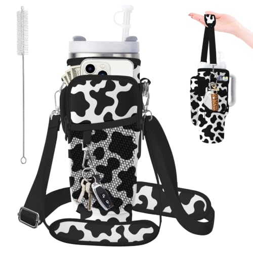 Water Bottle Carrier Bag for Stanley 40/30oz Cup Tumbler with Phone Pocket,Insulated Crossbody Water Bottle Holder with Adjustable Strap,Water Bottle Sling Pouch for Hiking Walking Camping Accessories - color: Cow Pattern