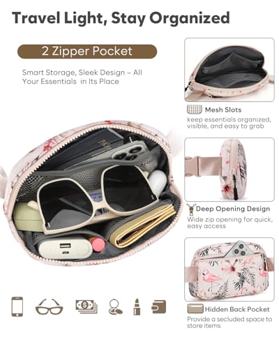 Pritent Fanny Packs for Women Crossbody Belt Bag With Zipper Back Pocket - color: Flamingo Print, size: Small