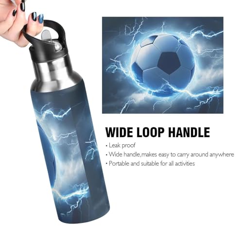 OTVEE Soccer Blue Lightning Water Bottle Sports Water Bottle Insulated Stainless Steel Hot Cold Water Mug with Straw Lid & Handle for Sports Gym 20 oz - color: Soccer Blue Lightning