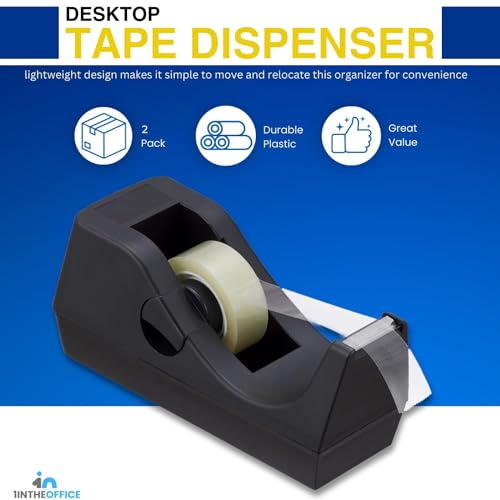 1InTheOffice Desk Tape Dispenser, Black Non-Skid Base Desktop Tape Dispenser Weighted (2 Pack)