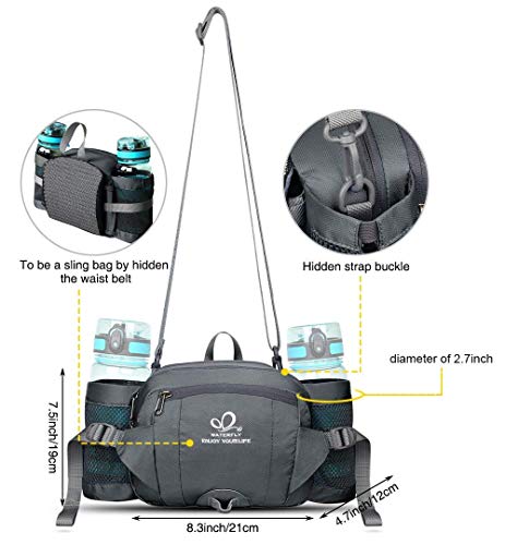 WATERFLY Fanny Pack Waist Bag: Fannie Pack 2 Water Bottle Holders Lumbar Belt Hiking Walking Running Jogging Camping Large Woman Man (Bottle Not Included) - color: Gray