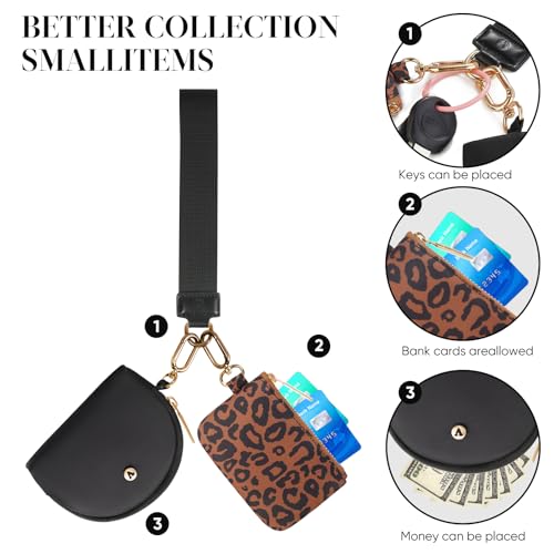 VUTUXA KeyChain Wallet Wristlet For Women Mini Zip Dual Pouch Coin Purse - color: black+leopard