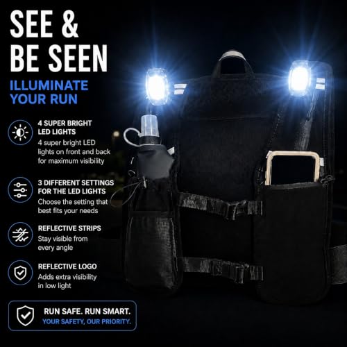 Running Phone Holder Vest with 500ml/17 oz Water Bottle | Reflective Hydration Vest | Adjustable | 4 LED Lights | 6 Pockets for Running Accessories | Unisex