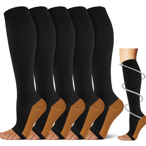 Compression Socks for Women&Men 20-30mmHg Graduated Knee High Stocking - color: 03-5 Pairs Open Toe Black Copper, size: Small-Medium
