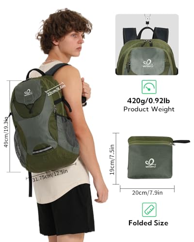 WATERFLY Lightweight Packable Hiking Backpack, 30L Day Pack - color: Army Green