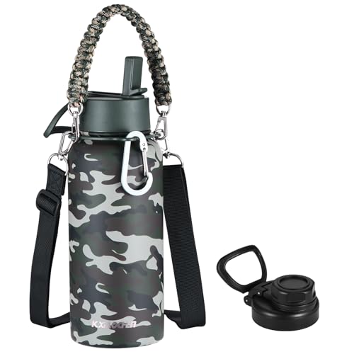 KXIAOCHEN Insulated Water Bottle with Strap, 48-Hour Cold, 2 Lids - color: Camouflage, size: 32 Ounces