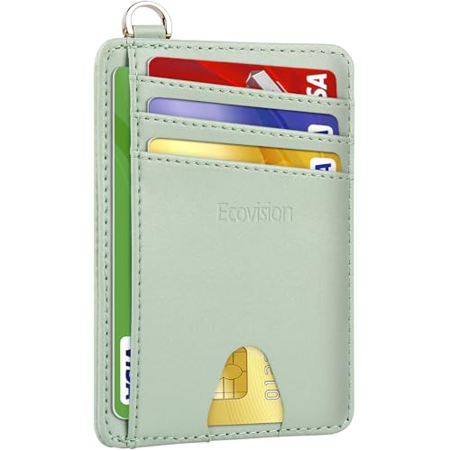 Slim Minimalist Front Pocket Wallet, RFID Blocking Credit Card Holder Wallet with Integrated D-Shackle for Men Women - color: Cowhide Matcha Green