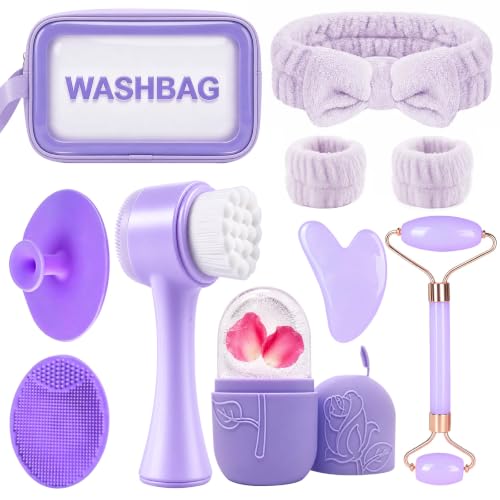 Skincare Tools Set with Face Cleansing Brush, Ice Face Roller & Gua Sha Set - color: Purple
