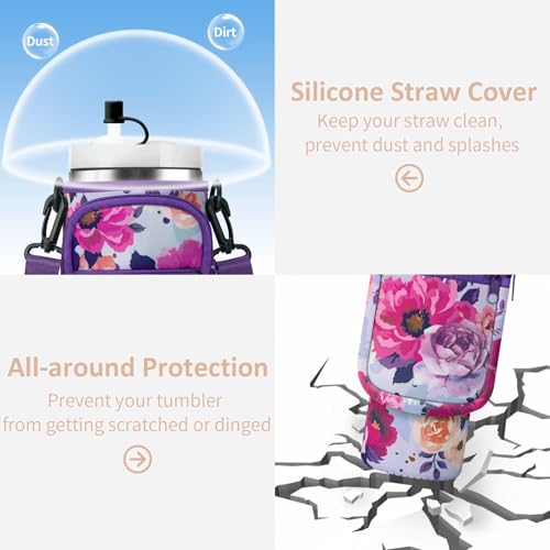 AceTreker Water Bottle Carrier Bag with Strap for Stanley 40/30 oz Tumbler Neoprene Insulated Cup Holder Sleeve with Phone Pocket & Straw Cover for Stanley Cup Accessories - color: 02-Purple Rose, style: 30 Oz