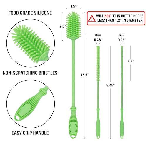 Kitchiny Silicone Bottle Brush 12.5 inch with 2 Straw Cleaners – Green - color: Green