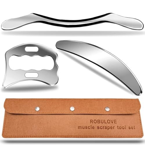 Professional Stainless Steel Muscle Scraper Tool Set, 3-Piece Physical Therapy and Myofascial Release Tools for Soft Tissue Massage 14inch Long bar(Double Edge) - style: Robulove-D3